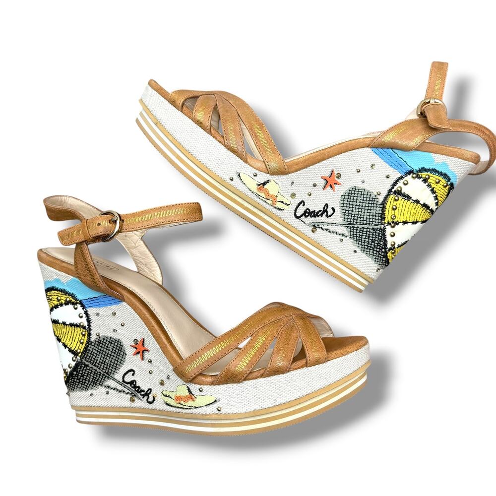 COACH Caroline Tan Leather Beach Embroidered Motifs Wedge Platform Sandals - Picture 2 of 16